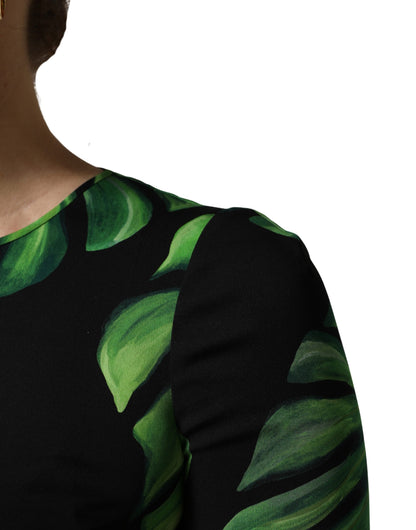 Black Philodendron Print Silk Blouse Top