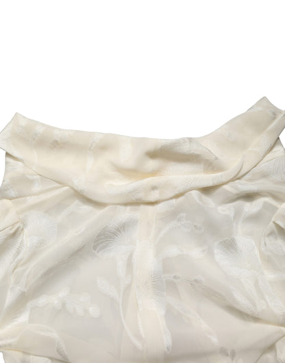 Off White Floral Semi Sheer Silk Blouse Top
