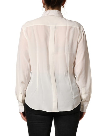Off White Collared Long Sleeves Blouse Top