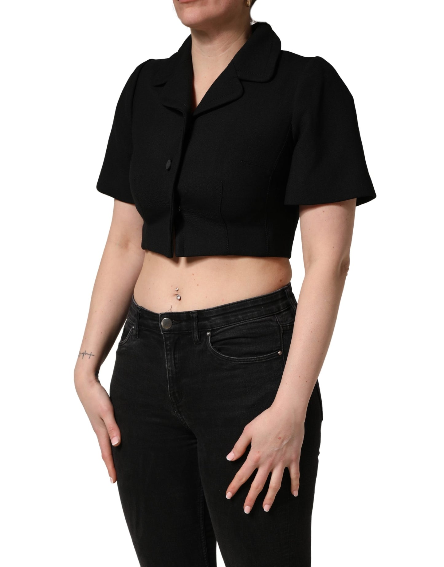 Black Collared Short Sleeves Cropped Blouse Top