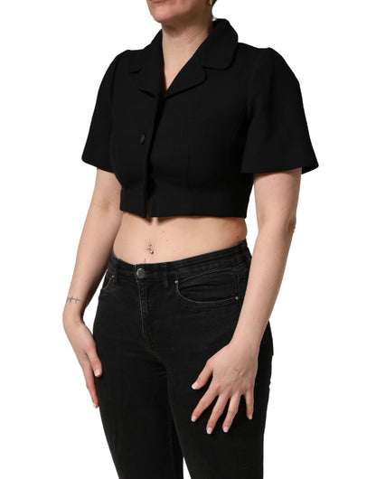 Black Collared Short Sleeves Cropped Blouse Top