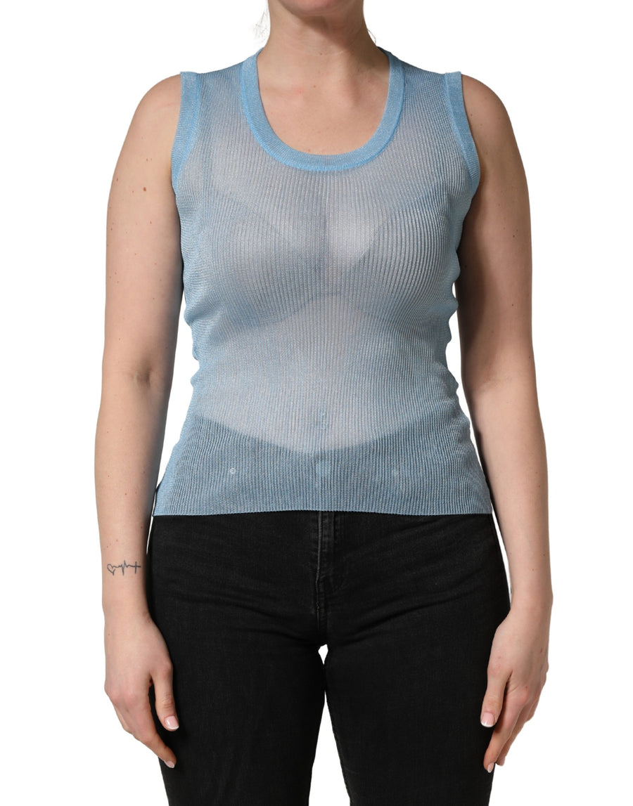 Blue Semi Sheer Ribbed Sleeveless Tank Top