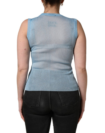 Blue Semi Sheer Ribbed Sleeveless Tank Top