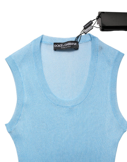 Blue Semi Sheer Ribbed Sleeveless Tank Top