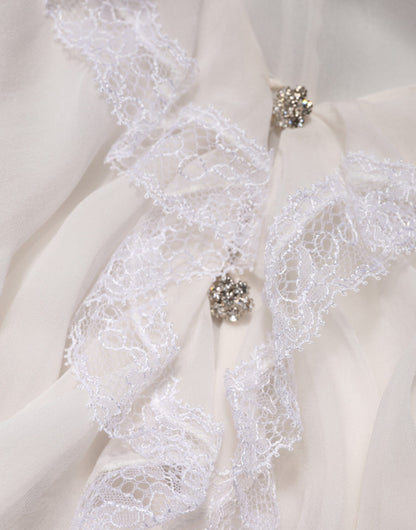 White LongSleeve Lace Trim Ruffled Blouse Top