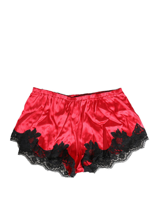 Red Silk Satin Lace Trim Pajama Shorts Sleepwear