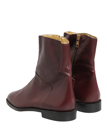 Maroon Leather Flats Biker Ankle Boots Shoes