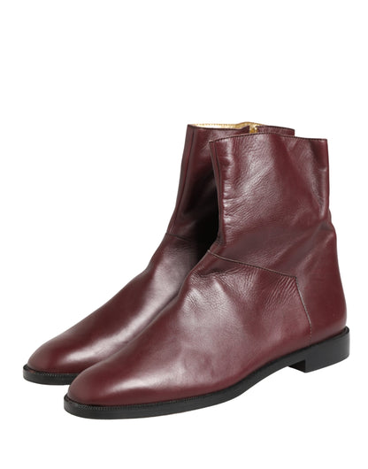 Maroon Leather Flats Biker Ankle Boots Shoes