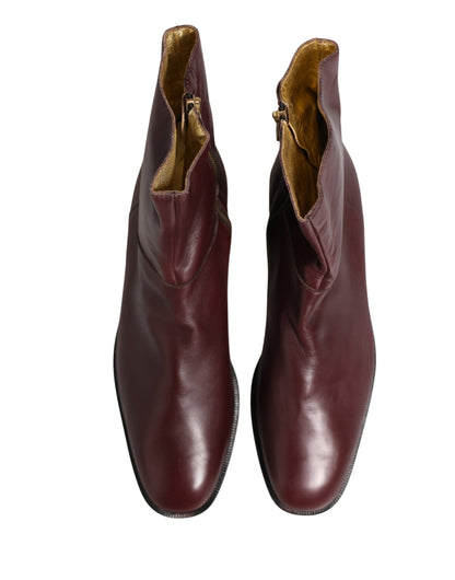 Maroon Leather Flats Biker Ankle Boots Shoes