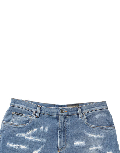 Blue Cotton Distressed Denim Bermuda Shorts