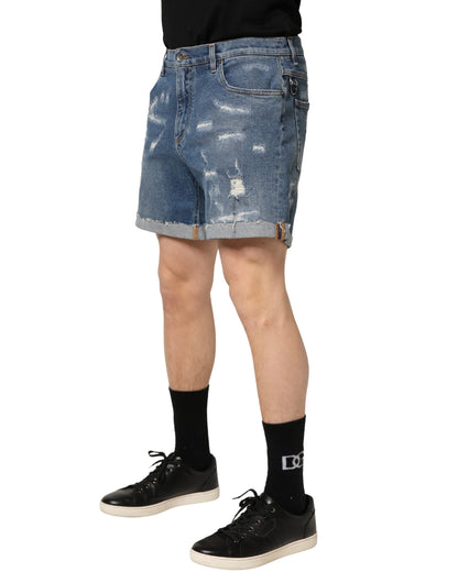 Blue Cotton Distressed Denim Bermuda Shorts