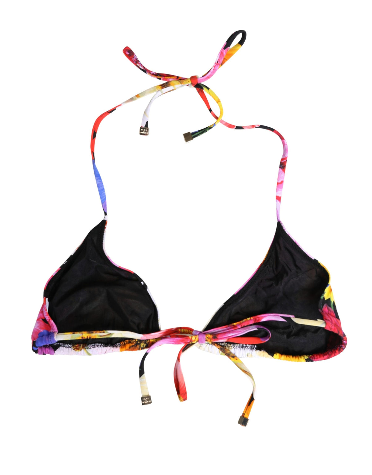 Black Floral Print Nylon Halter Bikini Top Swimwear