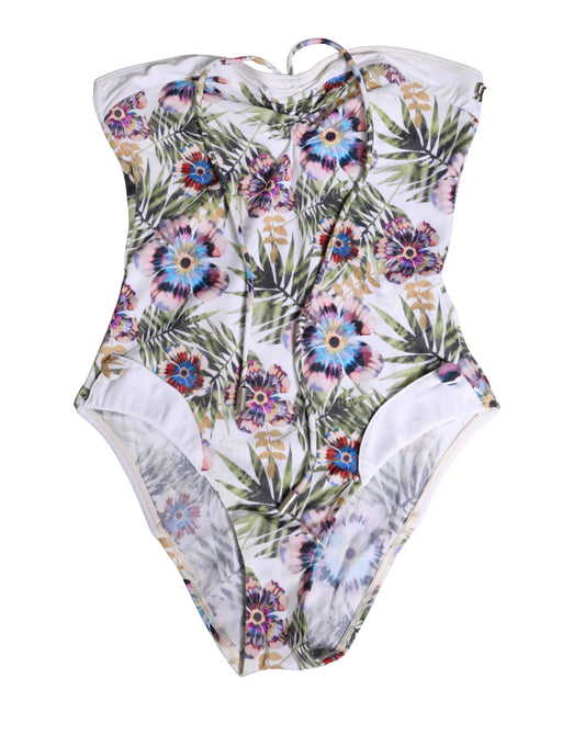 White Floral Print Strapless One-Piece Swimsuit Swimwear