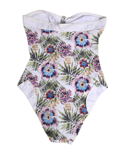White Floral Print Strapless One-Piece Swimsuit Swimwear