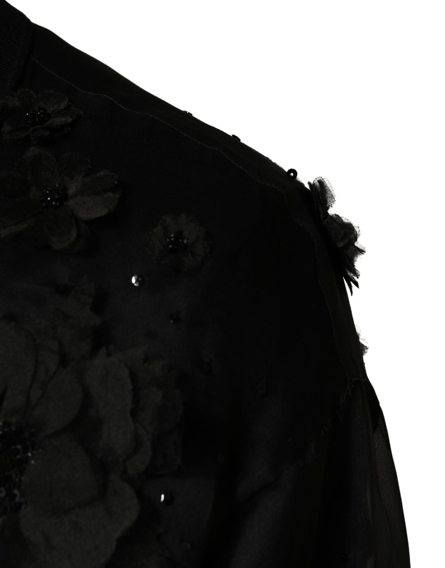 Black Floral Applique Sheer Short Sleeve Shirt