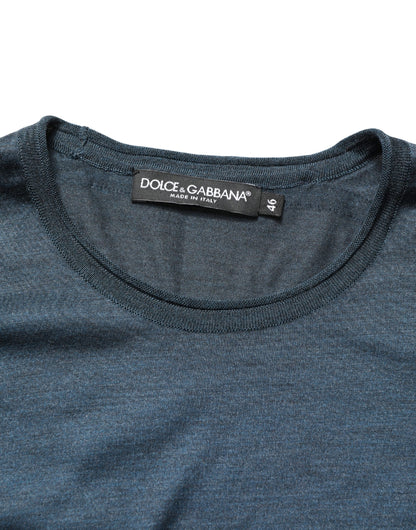 Dark Blue Silk Crew Neck Short Sleeve T-shirt