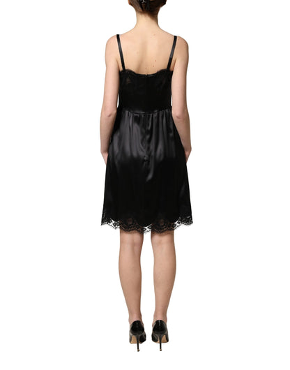 Black Silk Satin Lace Sleeveless Mini Dress