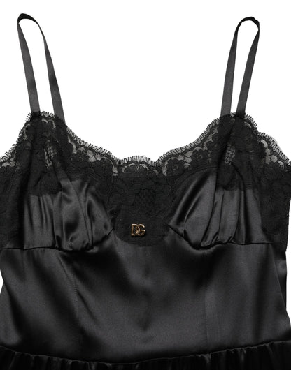 Black Silk Satin Lace Sleeveless Mini Dress
