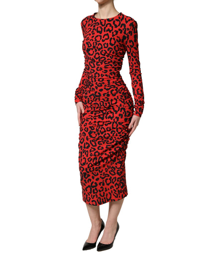 Red Leopard Print Long Sleeves Midi Dress