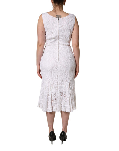 White Floral Lace Sleeveless Midi Dress
