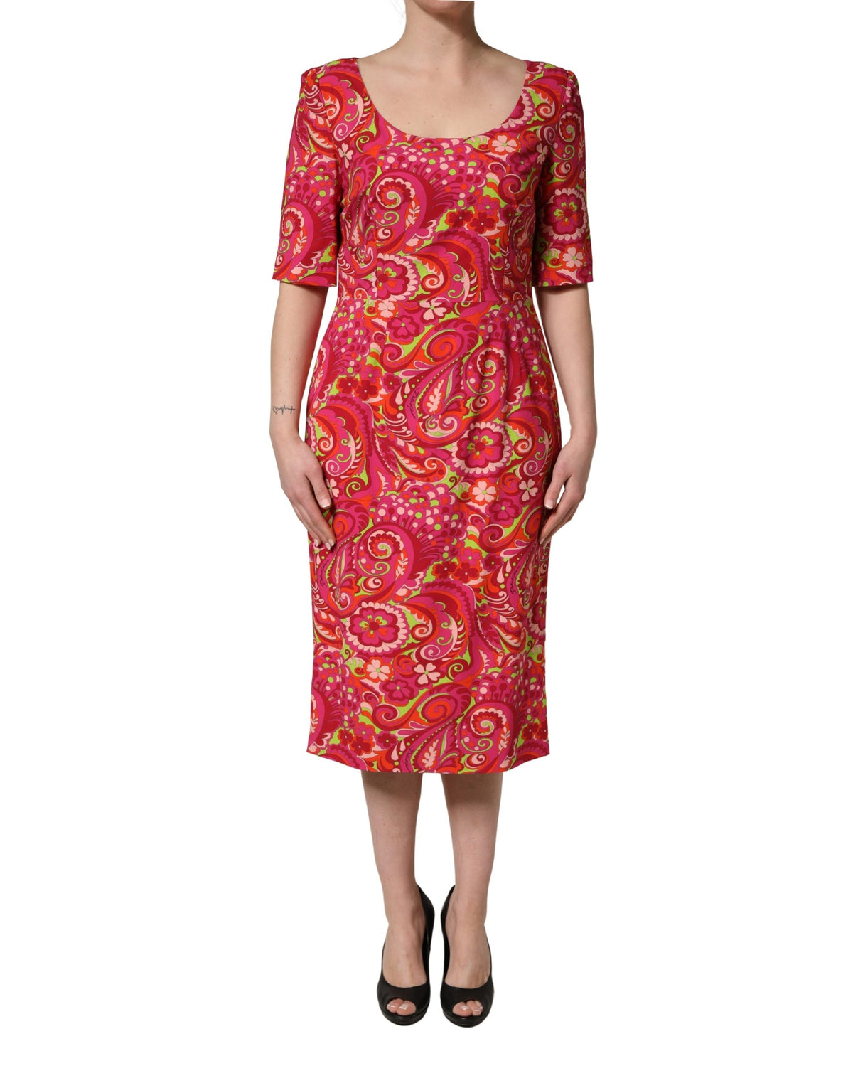 Red Paisley Floral Print Sheath Midi Dress