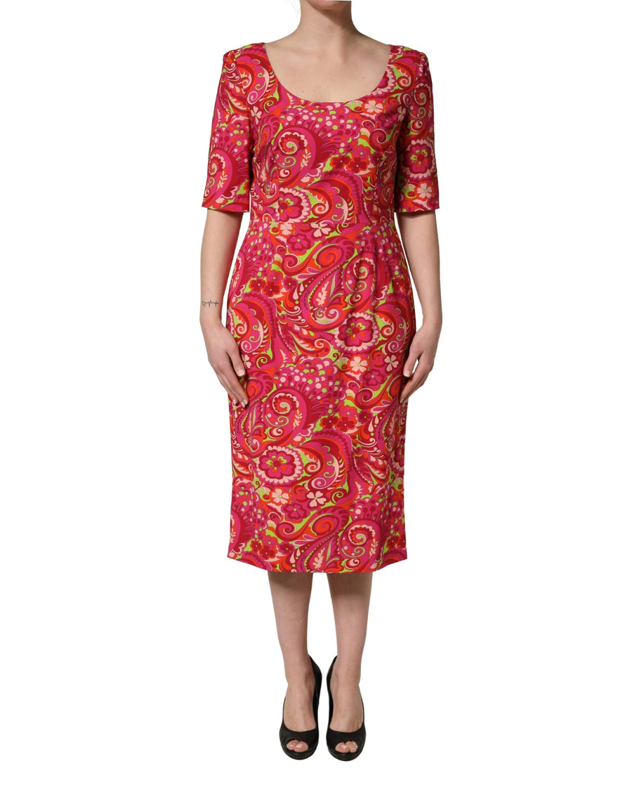 Red Paisley Floral Print Sheath Midi Dress