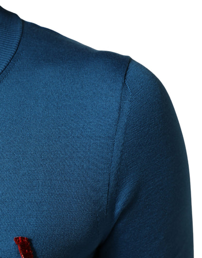 Blue Silk Sequined CrewNeck Pullover Sweater
