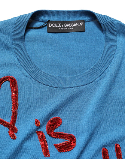 Blue Silk Sequined CrewNeck Pullover Sweater