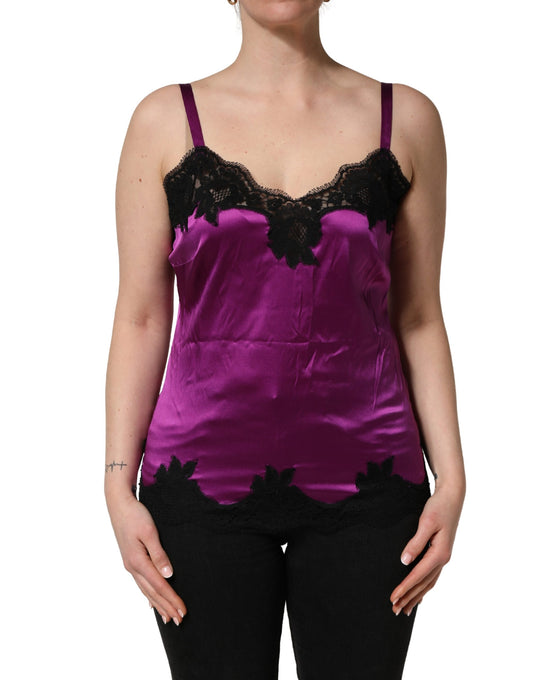 Purple Silk Lace Trim Camisole Sleeveless Tank Top