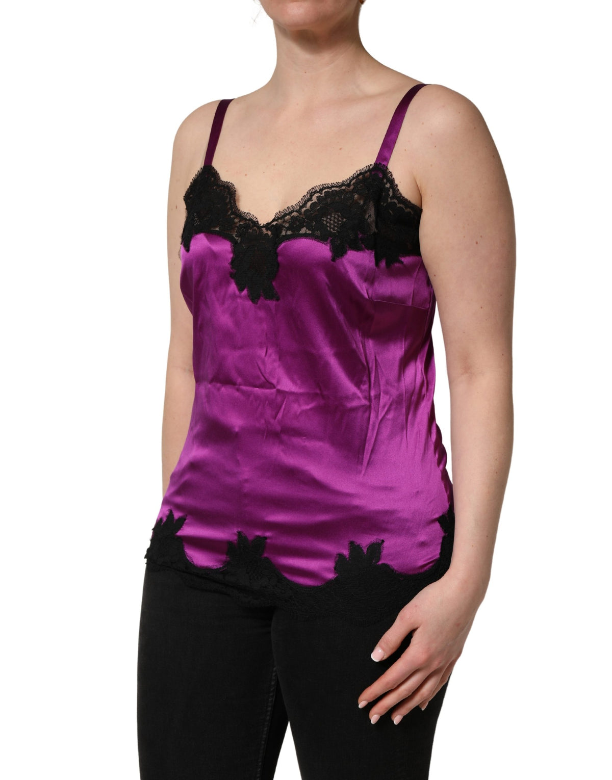 Purple Silk Lace Trim Camisole Sleeveless Tank Top