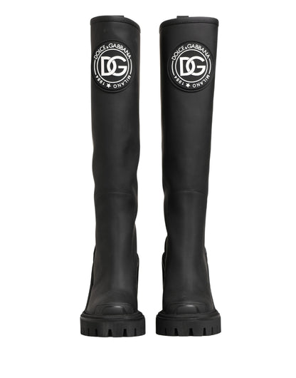 Black Rubberised Leather High Boots Shoes