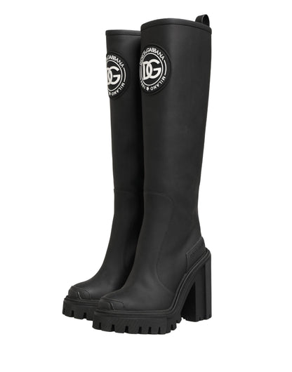 Black Rubberised Leather High Boots Shoes