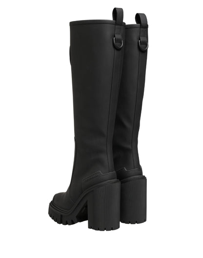 Black Rubberised Leather High Boots Shoes