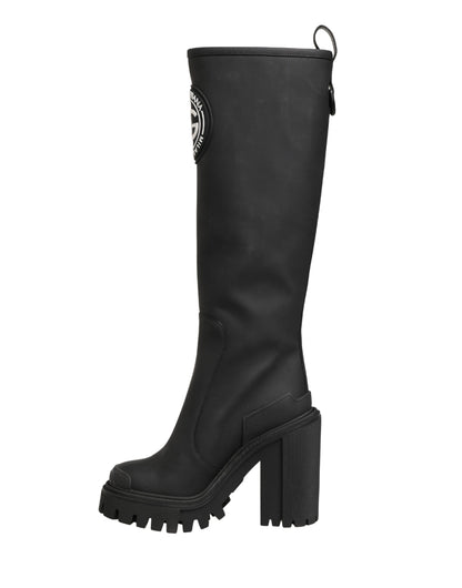Black Rubberised Leather High Boots Shoes