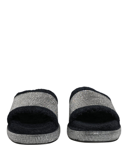 Black Crystal Embellished Platform Slides Shoes