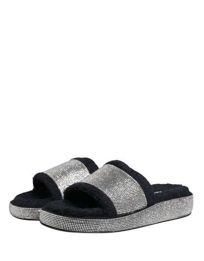 Black Crystal Embellished Platform Slides Shoes
