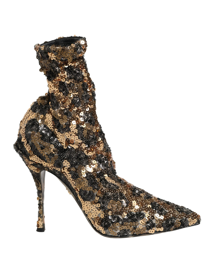 Gold Leopard Sequin Sock Ankle Boots Shoes