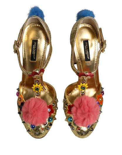 Gold Fur Trim Glitter T-strap Sandals Shoes