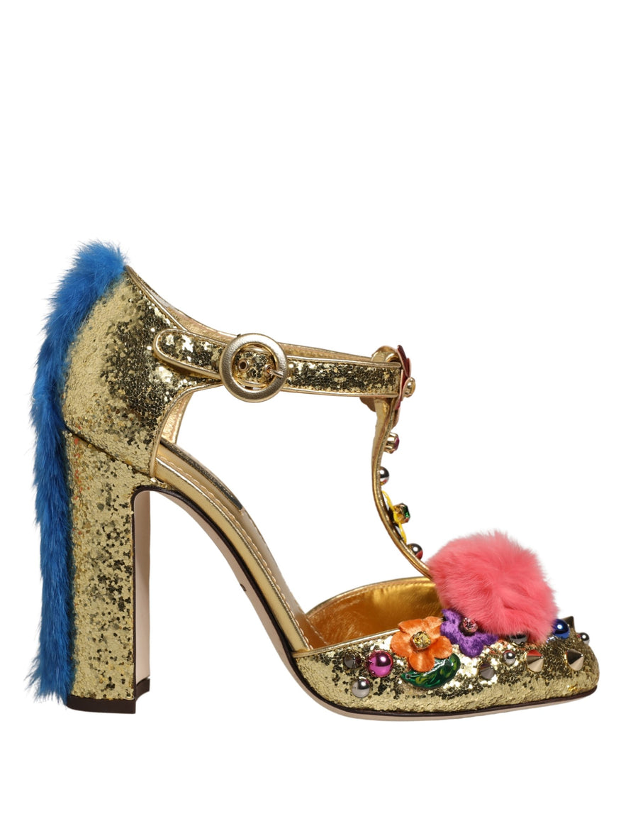 Gold Fur Trim Glitter T-strap Sandals Shoes
