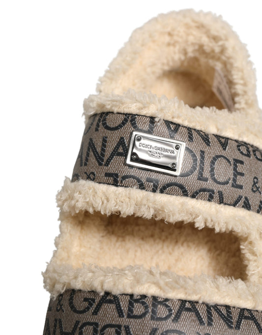 Beige Faux Fur Logo Print Flats Sandals Shoes