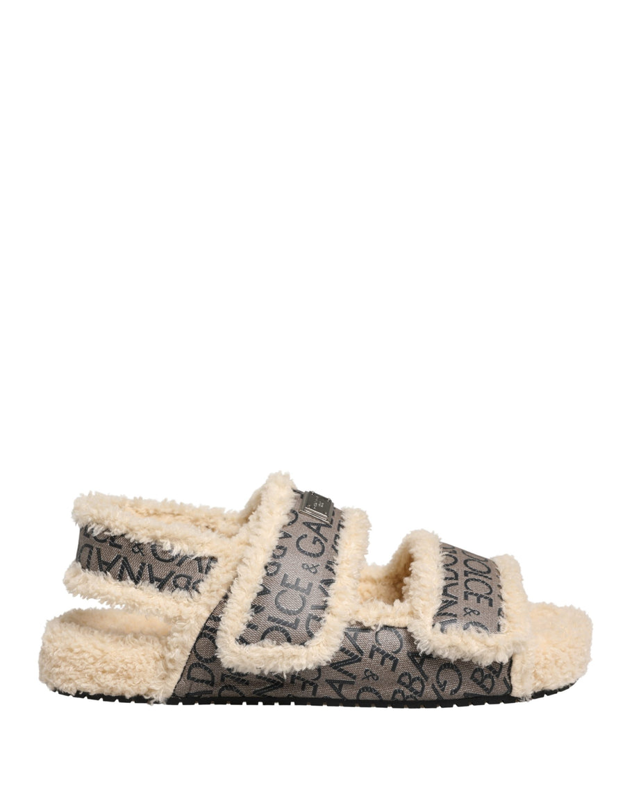 Beige Faux Fur Logo Print Flats Sandals Shoes