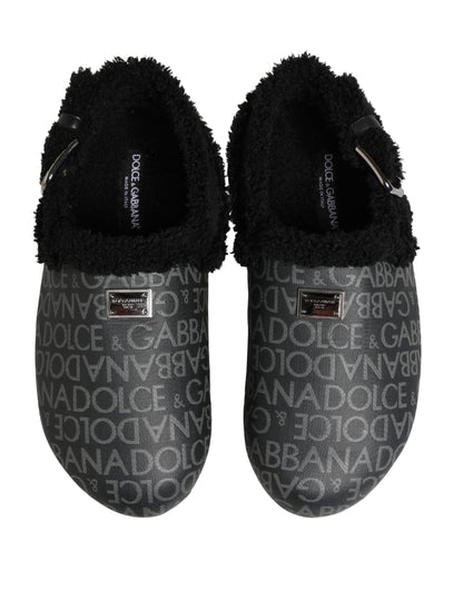 Gray Faux Fur Jacquard Mules Sandals Shoes