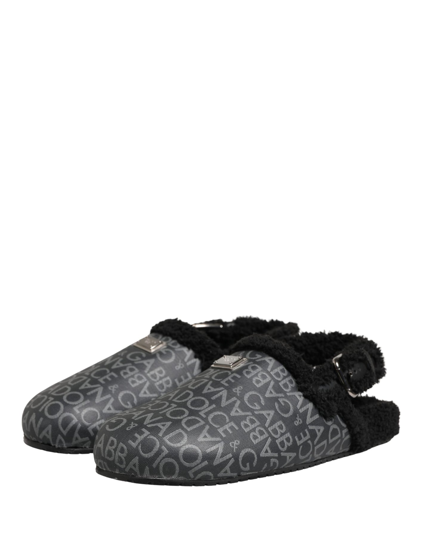 Gray Faux Fur Jacquard Mules Sandals Shoes