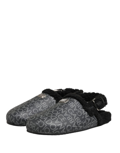 Gray Faux Fur Jacquard Mules Sandals Shoes