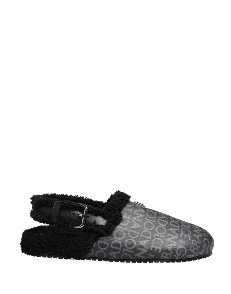 Gray Faux Fur Jacquard Mules Sandals Shoes