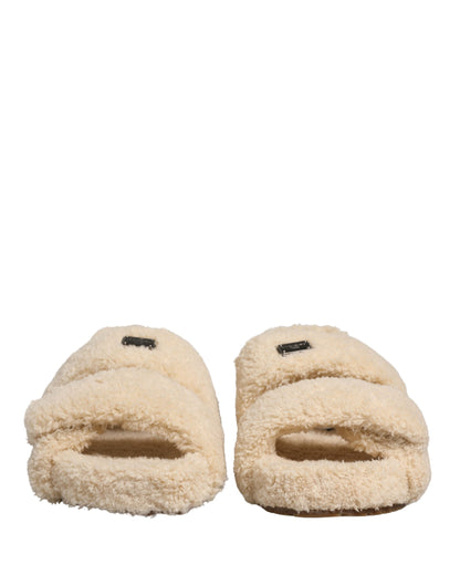 Beige Faux Fur Slides Men Flats Sandals Shoes