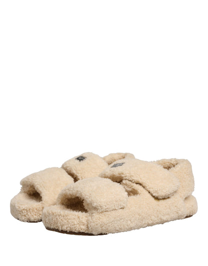 Beige Faux Fur Slides Men Flats Sandals Shoes