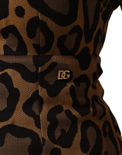 Brown Leopard Jacquard Knee Length Dress