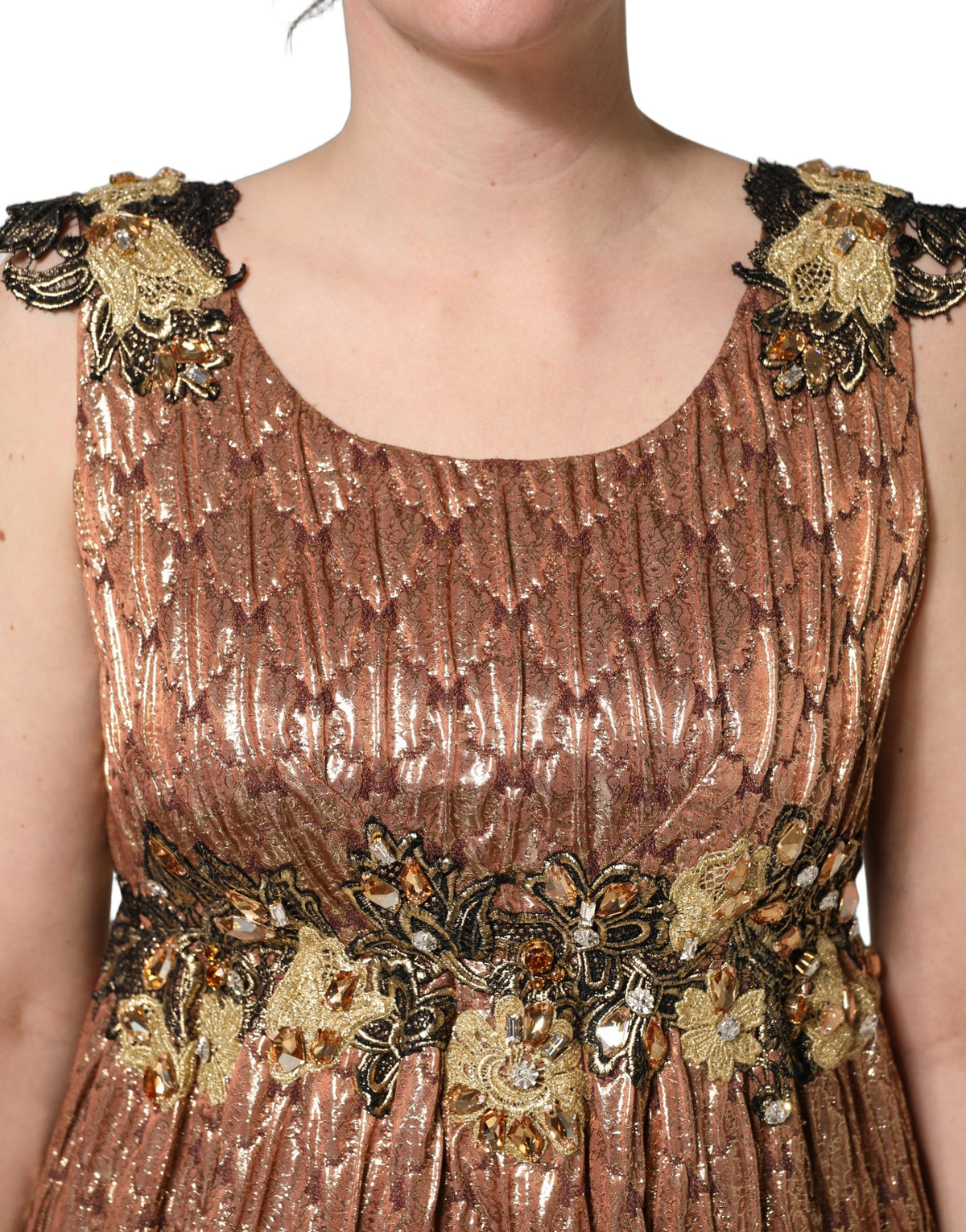 Brown Metallic Crystal Evening Gown Dress