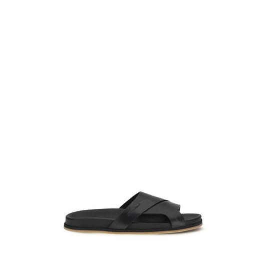 Black Calf Leather Bos Taurus Flat Sandals